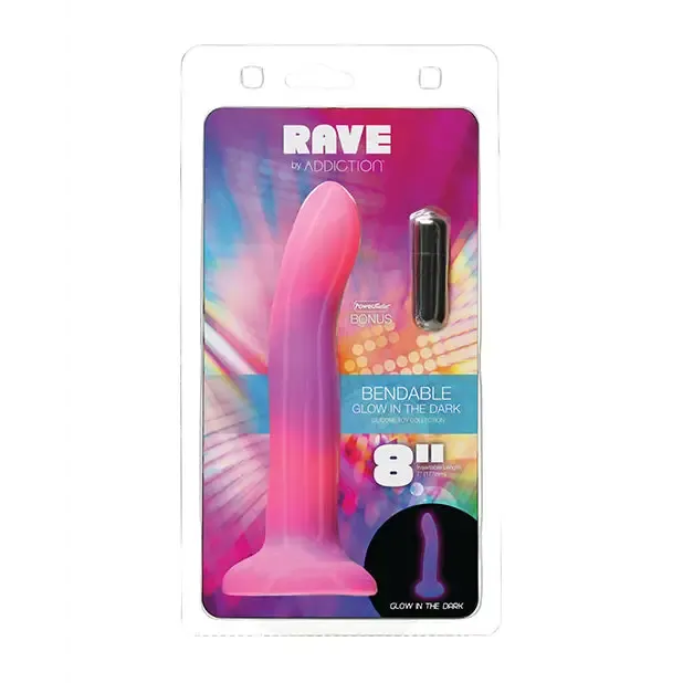 Addiction Rave Bendable 8 in. Silicone Dildo Glow in the Dark Pink Purple