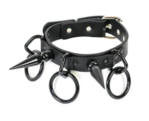 Black Bondage Collar w/ Black O Ring and Black Spike Details