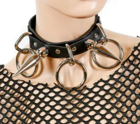 Black Bondage Collar w/ Silver O Rings and Silver Spike Details