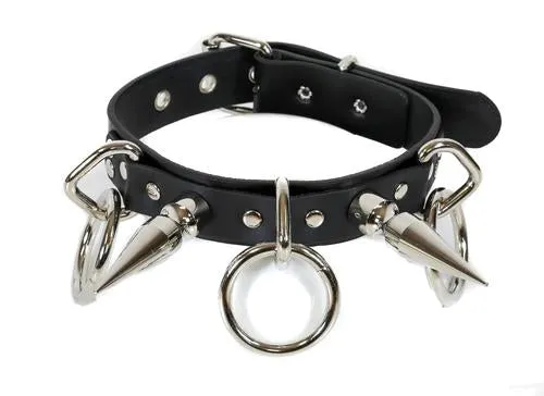 Black Bondage Collar w/ Silver O Rings and Silver Spike Details