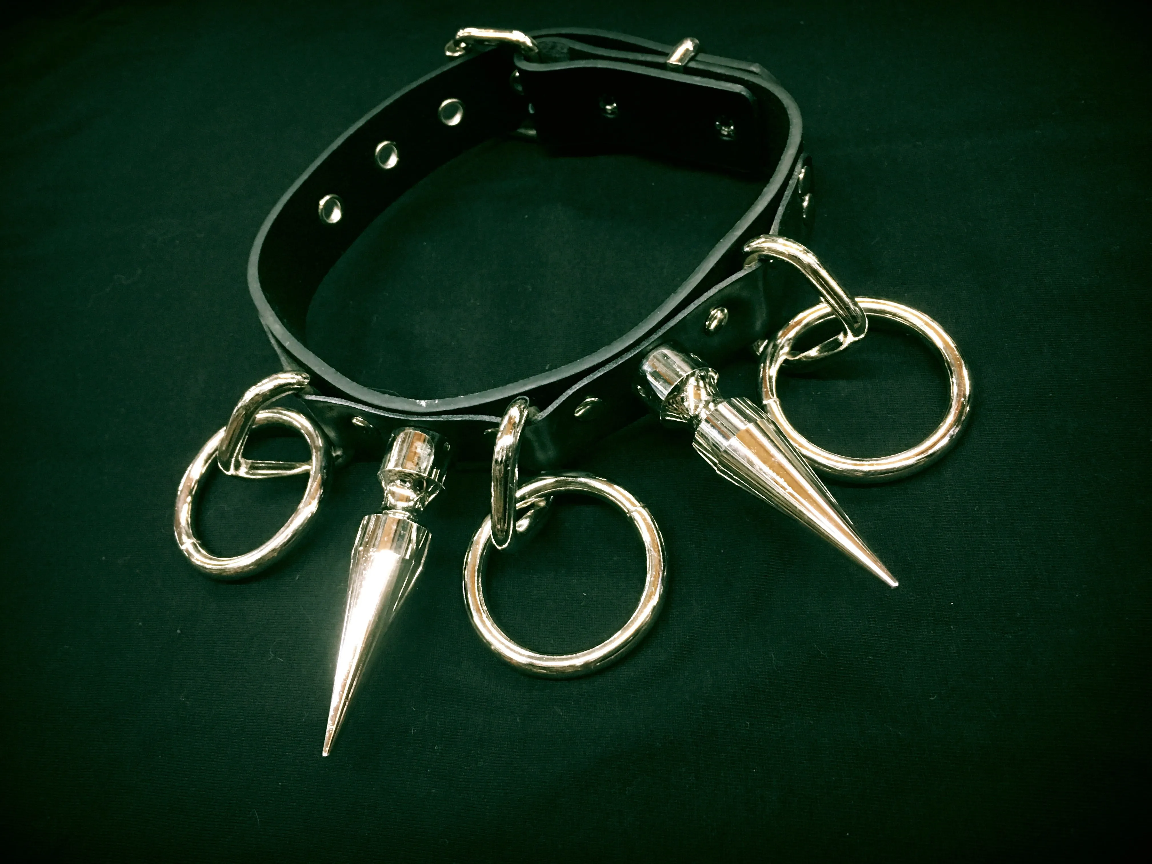 Black Bondage Collar w/ Silver O Rings and Silver Spike Details