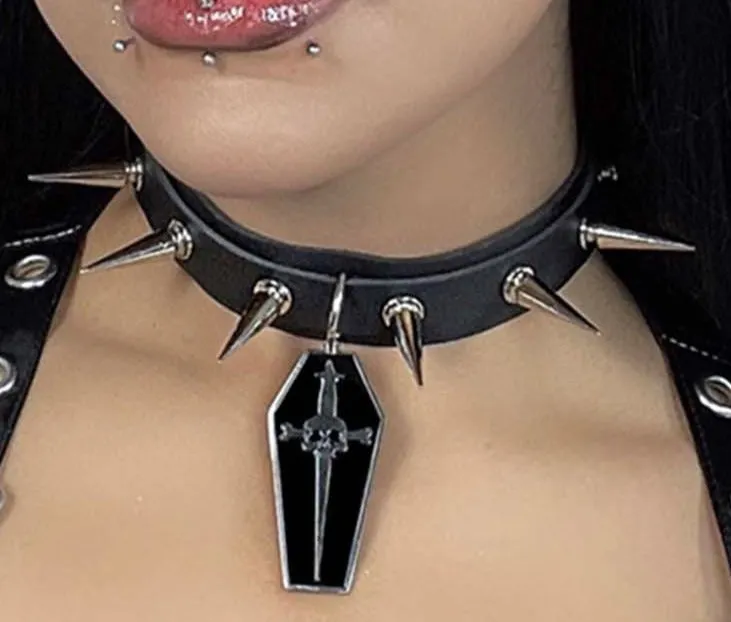 Black Collar w/ Silver Spikes and Hanging Coffin Dagger Pendant