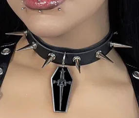 Black Collar w/ Silver Spikes and Hanging Coffin Dagger Pendant