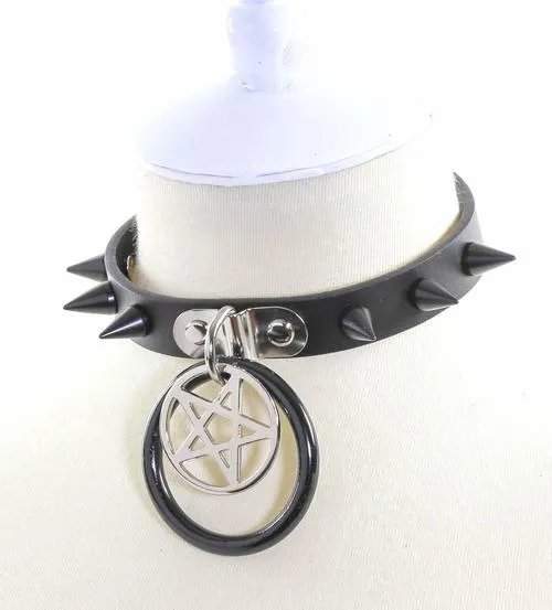 Black Leather Bondage Collar w/ Single Row of Black Cone Spikes and Pentagram Detail