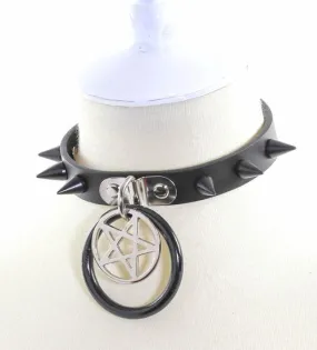 Black Leather Bondage Collar w/ Single Row of Black Cone Spikes and Pentagram Detail