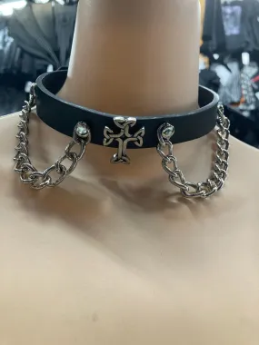 Black Leather Collar w/ Cross and Chain Details