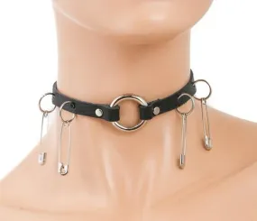 Black Leather Collar w/ Silver O Ring and Safety Pin Details