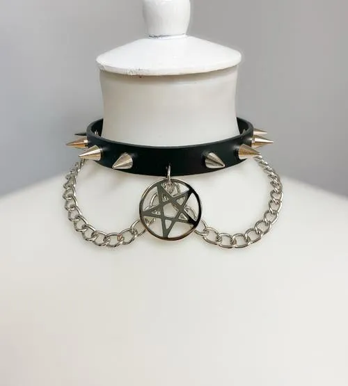 Black Leather Collar w/ Silver Spikes, Chains and Pentagram Detail