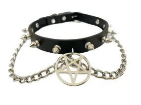 Black Leather Collar w/ Silver Spikes, Chains and Pentagram Detail