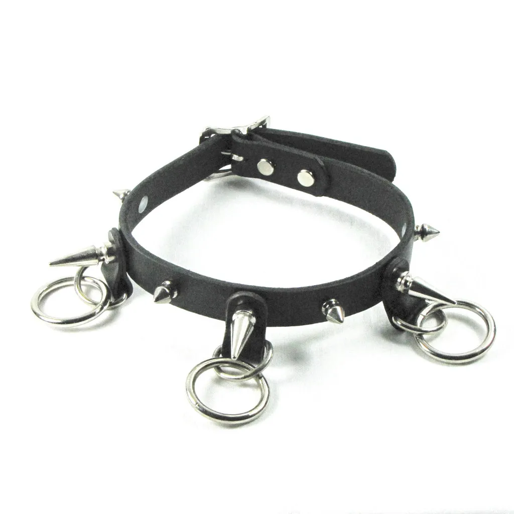 Black Leather Collar w/ Small and Large Silver Spikes w/ Silver O Ring Details