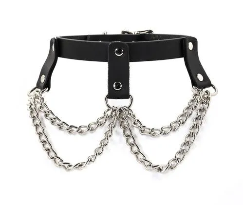 Black Leather Collar w/ Straps and Silver Chains