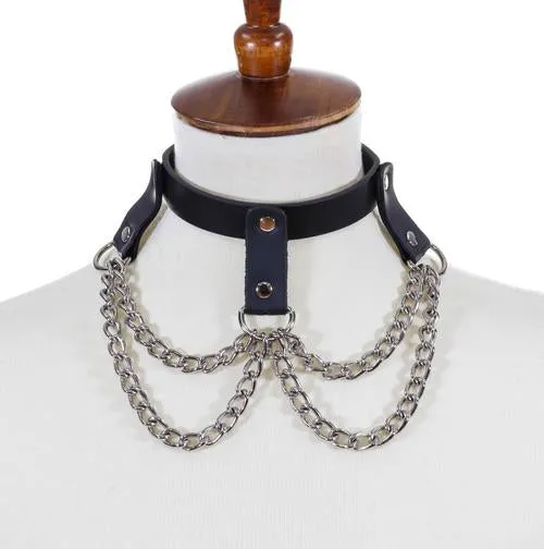 Black Leather Collar w/ Straps and Silver Chains