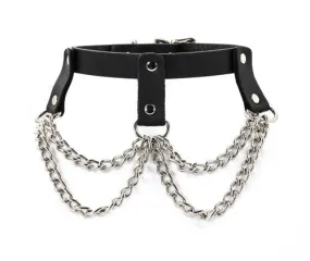 Black Leather Collar w/ Straps and Silver Chains