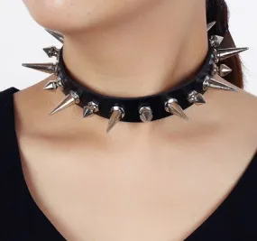 Black Vegan Leather Collar w/ 1 Row of Silver Tree Spikes and Long Spikes
