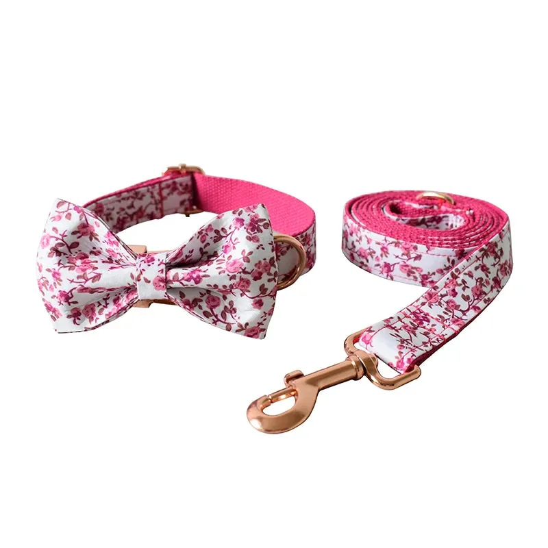 Custom metal buckles engraved floral Dog Collar Bowtie Leash| Personalized Collar Bowtie Leash
