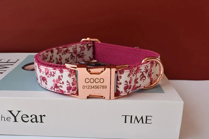 Custom metal buckles engraved floral Dog Collar Bowtie Leash| Personalized Collar Bowtie Leash