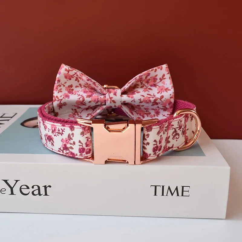 Custom metal buckles engraved floral Dog Collar Bowtie Leash| Personalized Collar Bowtie Leash