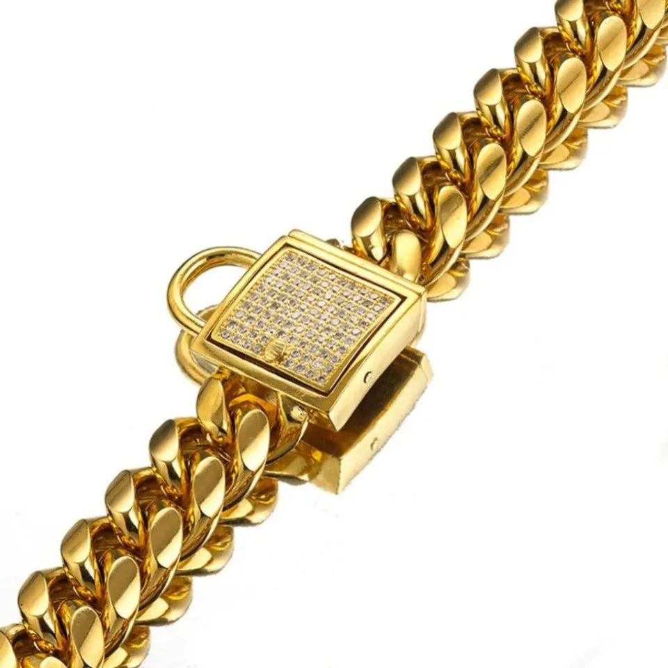 Gold Dog Chain Collar~Miami Curb Link~Rhinestone Clasp