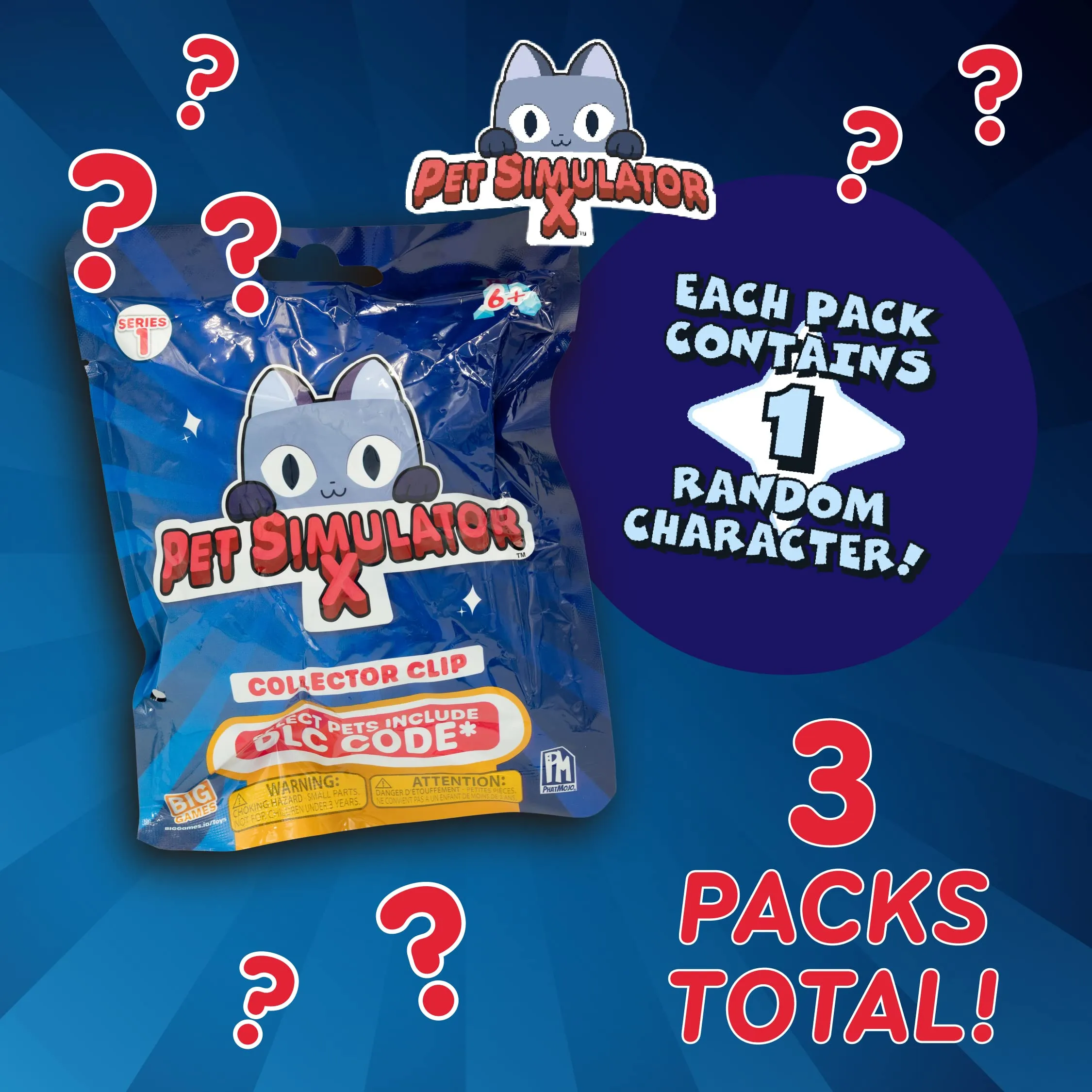 PET Simulator X - Mystery Pet Minifigure Toys with Collector Clip - Blind Bags 3 Pack and Chance of DLC Code - Surprise Collectable