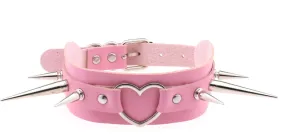 Pink Vegan Leather Collar w/ Heart and Spike Details