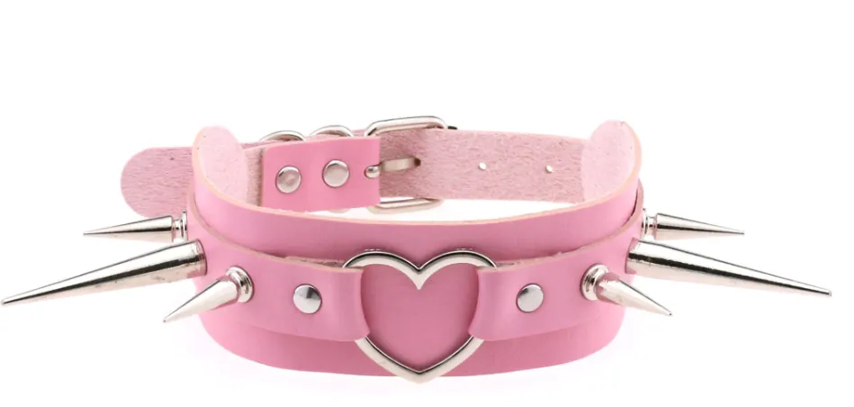 Pink Vegan Leather Collar w/ Heart and Spike Details